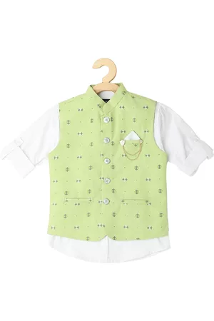 CAVIO Boys Printed Partywear Nehru Jacket With Shirt & Brooch