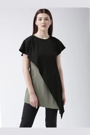 DODO & MOA Women Olive Green & Black Colourblocked Longline Top
