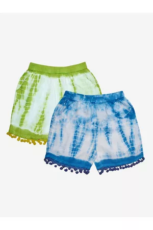 KiddoPanti Girls Green & Blue Pom Pom Lace Hem Tie & Dye Shorts