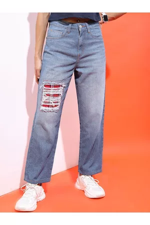 Tokyo Talkies Women Blue Wide Leg Highly Distressed Light Fade Jeans