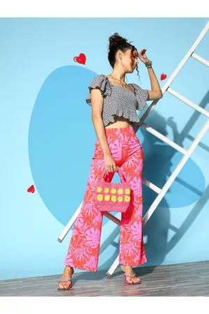 Berrylush Women Red Floral Printed Flared High-Rise Trousers
