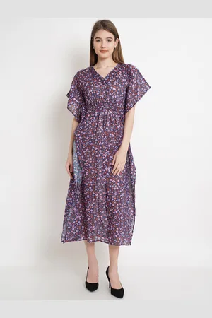 DODO & MOA Women Purple & Pink Floral Printed Kaftan Midi Dress