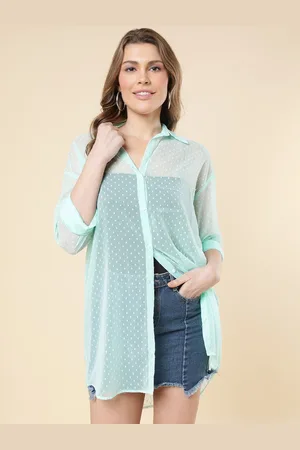 A.T.U.N. Sheer Dobby Self Design Longline Shirt Style Top
