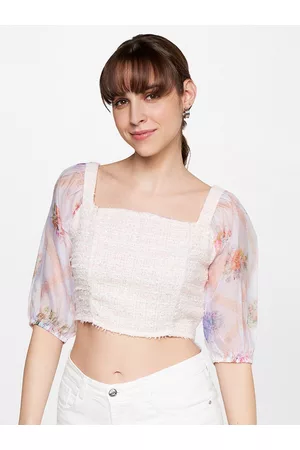 AND Square Neck Fitted Puff Sleeves Crop Top