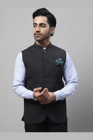 Even Woven Mandarin Collar Nehru Jacket With Welt Pockets
