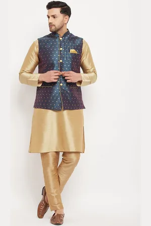 Vastramay Men Straight Zari Detail Kurta with Pyjamas & Nehru Jacket