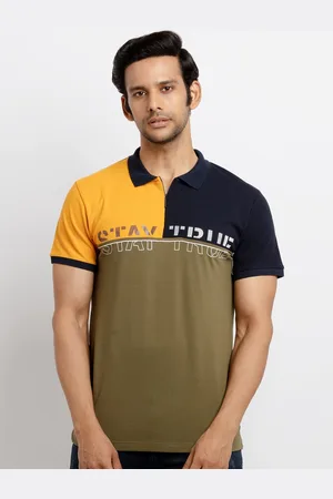 Status Quo Men Olive Green Typography Polo Collar Applique T-shirt