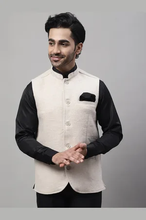 Even Pure Wool Woven Mandarin Collar Nehru Jacket With Welt Pockets