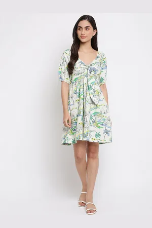 Fabindia Women Off White Floral Cotton Dress