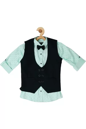CAVIO Boys Striped Nehru Jacket With Printed Shirt & Bow