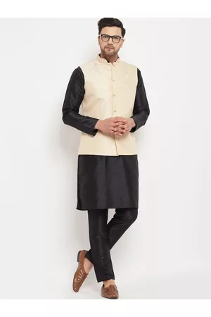 Vastramay Mandarin Collar Kurta with Pyjamas With Woven Design Nehru Jacket