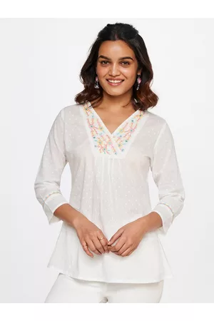 Global Desi V-Neck Self Design Floral Embroidered Pure Cotton Top
