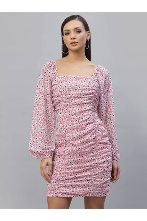 Aayu Floral Printed Square Neck Puff Sleeves Georgette Sheath Dress