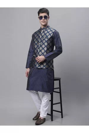 Jompers Striped Thread Work Kurta with Pyjamas & Nehru Jacket