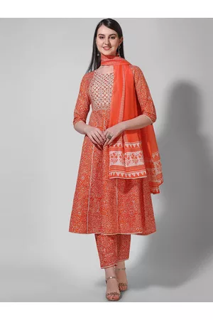 Berrylicious Printed Panelled Anarkali Thread Work Kurta with Trousers & Dupatta