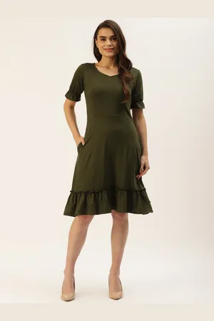 BRINN Olive Green A-Line Midi Dress