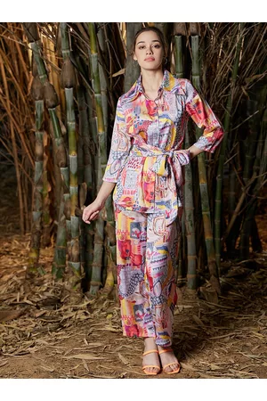 ATHENA Women Printed Front Knot Shirt With Trousers Co-Ords Set