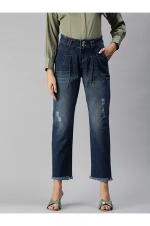 SHOWOFF Women Blue Straight Fit High-Rise Low Distress Light Fade Stretchable Jeans