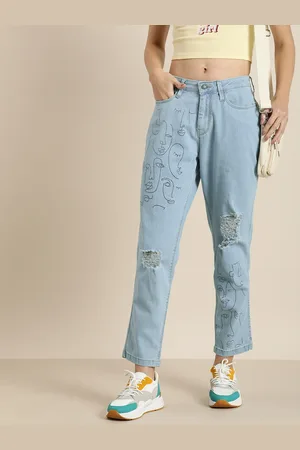 Moda Rapido Women High-Rise Highly Distressed Mom Tapered Fit Printed Stretchable Jeans