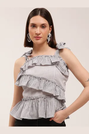 Elle White & Grey Striped Tiered Top
