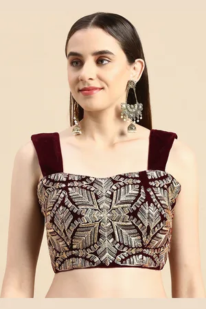 flaher Women Burgundy & Gold-Toned Embroidered Velvet Saree Blouse