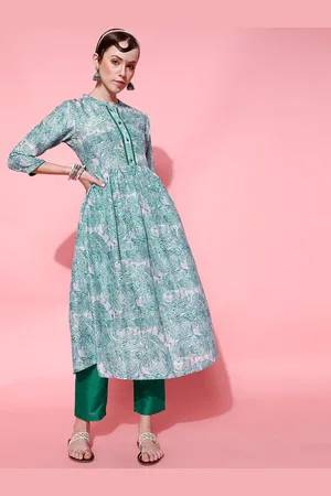 indo street Paisley Printed Band Collar Anarkali Kurta With Trousers