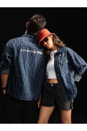 WROGN Unisex Conversational Typography Printed Boxy Fit Pure Cotton Denim Jacket