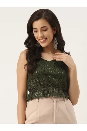 BRINN Olive Green Embellished Crop Top