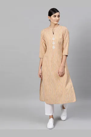 indo street Band Collar Striped Thread Work Pure Cotton Kurta with Trousers