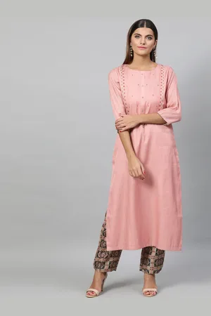 indo street Floral Embroidered Straight Kurta with Trousers
