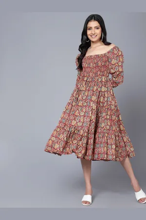 Bani Women Printed Cotton Off-Shoulder A-Line Midi Dress