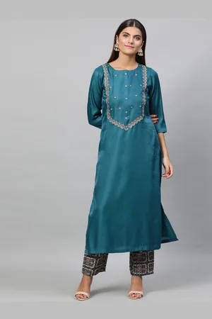 indo street Women Yoke Design Embroidered Satin Kurta with Trousers