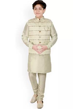 CAVIO Boys Sea Green Thread Work Kurta with Churidar