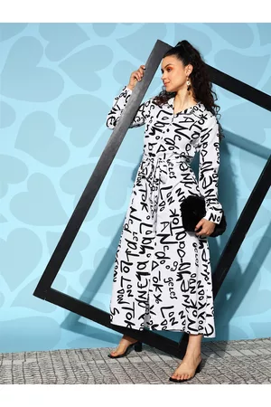 Berrylush White & Black Crepe Shirt Maxi Dress With Belt