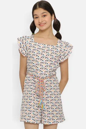 Natilene Girls Abstract Printed Casual Playsuit With Waist Tie-Ups