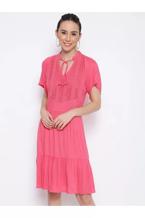 MARC LOUIS Women Pink Tie-Up Neck Crepe A-Line Dress