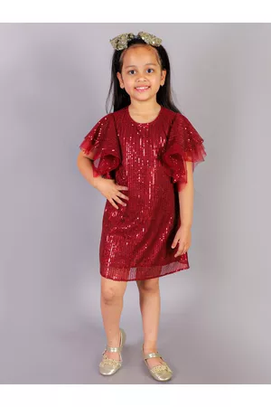 LIL DRAMA Girls Round Neck Sequined Net Sheath Dress
