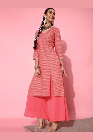 indo street Floral Printed V-Neck Multiple Slit A-Line Pure Cotton Kurta