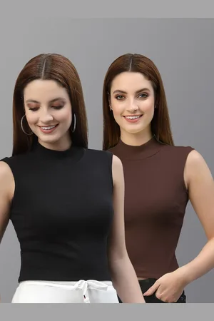Friskers Women Pack of 2 Black & Brown Fitted High Neck Top
