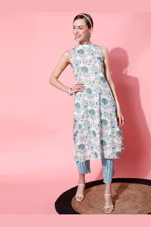 indo street Paneled Band Collar Floral Printed Straight Kurta with Trousers