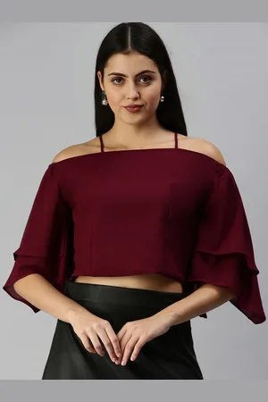 SHOWOFF Off-Shoulder Flared Sleeve Crepe Bardot Crop Top