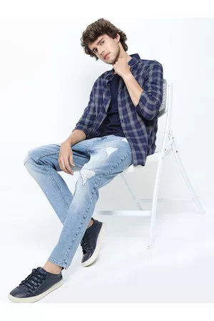 Ketch Men Blue Tapered Fit Highly Distressed Heavy Fade Stretchable Jeans