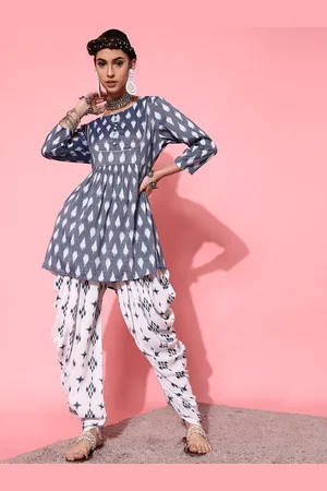 indo street Printed Pure Cotton Ikat A-Line Kurti with Dhoti Pants