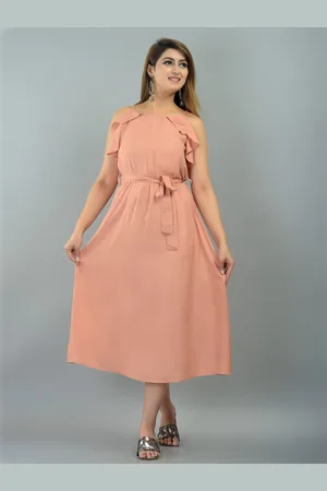 IQRAAR Women Peach-Coloured Solid Off-Shoulder Fit And Flare Dress