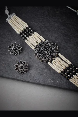 ATIBELLE Silver-Plated Floral Stone-Studded & Beaded Choker Necklace Set