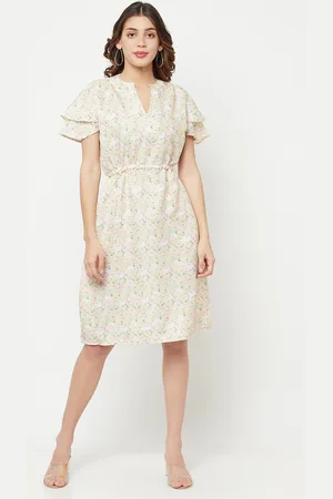 Crimsoune Club Women Beige Floral Printed A-Line Dress