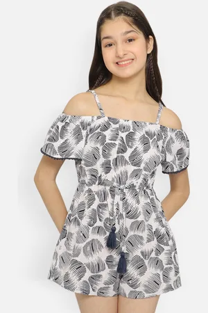 Natilene Girls Abstract Printed Off-Shoulder Cotton Playsuit With Waist Tie-Ups