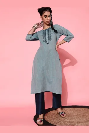 indo street Geometric Embroidered Pure Cotton Kurta With Trousers