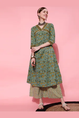 indo street V-Neck Floral Printed Gotta Patti A-Line Pure Cotton Kurta with Palazzos