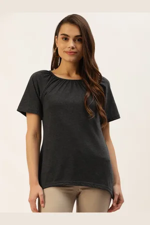 BRINN Charcoal Grey Solid Pure Cotton Curved Hem Top